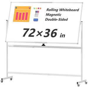 Large Rolling Whiteboard on Wheels, 72" x 36" Double-Sided Mobile White Board with Stand, 6' x 3' Portable Standing Magnetic Dry Erase Board Easel for Home Office Classroom School, Silver