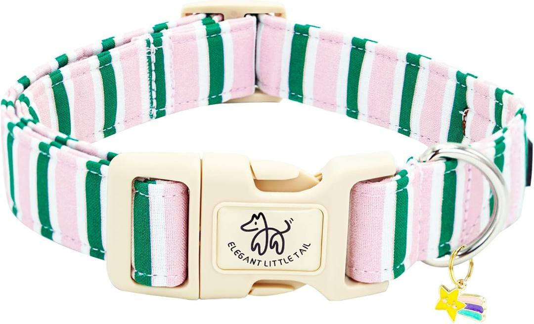 Elegant little tail Dog Collar, Cute Pink with Green Strip Pattern Pet Collars Soft Girl or Boy Adjustable Cotton Puppy Collar with Quick Release Buckle for Large Dogs (Large (Pack of 1))