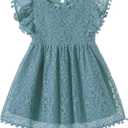 Niyage Toddler Girls Elegant Lace Pom Pom Flutter Sleeve Party Princess Dress (3T, Smoky Blue)