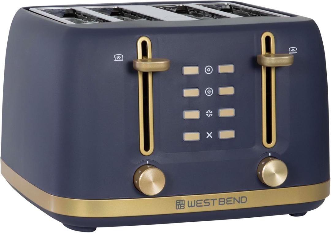 West Bend Timeless 4-Slice Toaster with 7 Browning Levels, Bagel/Waffle/Defrost Settings, High-Lift Lever, Anti-Jam, Easy-Clean Crumb Tray, 4-Slice, Blue/Gold
