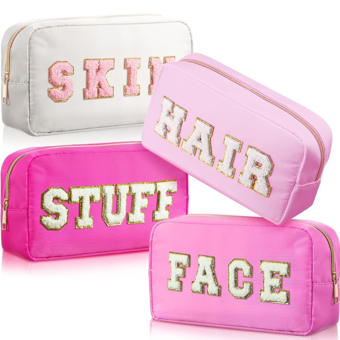 Remerry 4 PCS Nylon Cosmetic Bags Waterproof Spacious Travel Makeup Organizer for Women Chenille Letter Preppy Zipper Pouch Face Stuff Skin Hair Organizer Gift(Rose Red, Pink, Light Pink, White)