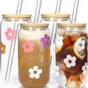 Mason Life Glass Cups with Lids and Straws, 18OZ Iced Coffee Cups with Lids, Cute Glass Cups Smoothie Cups, Glass Tumbler, Reusable Coffee Cup Beer Can Shaped Drinking Glasses-Set of 4