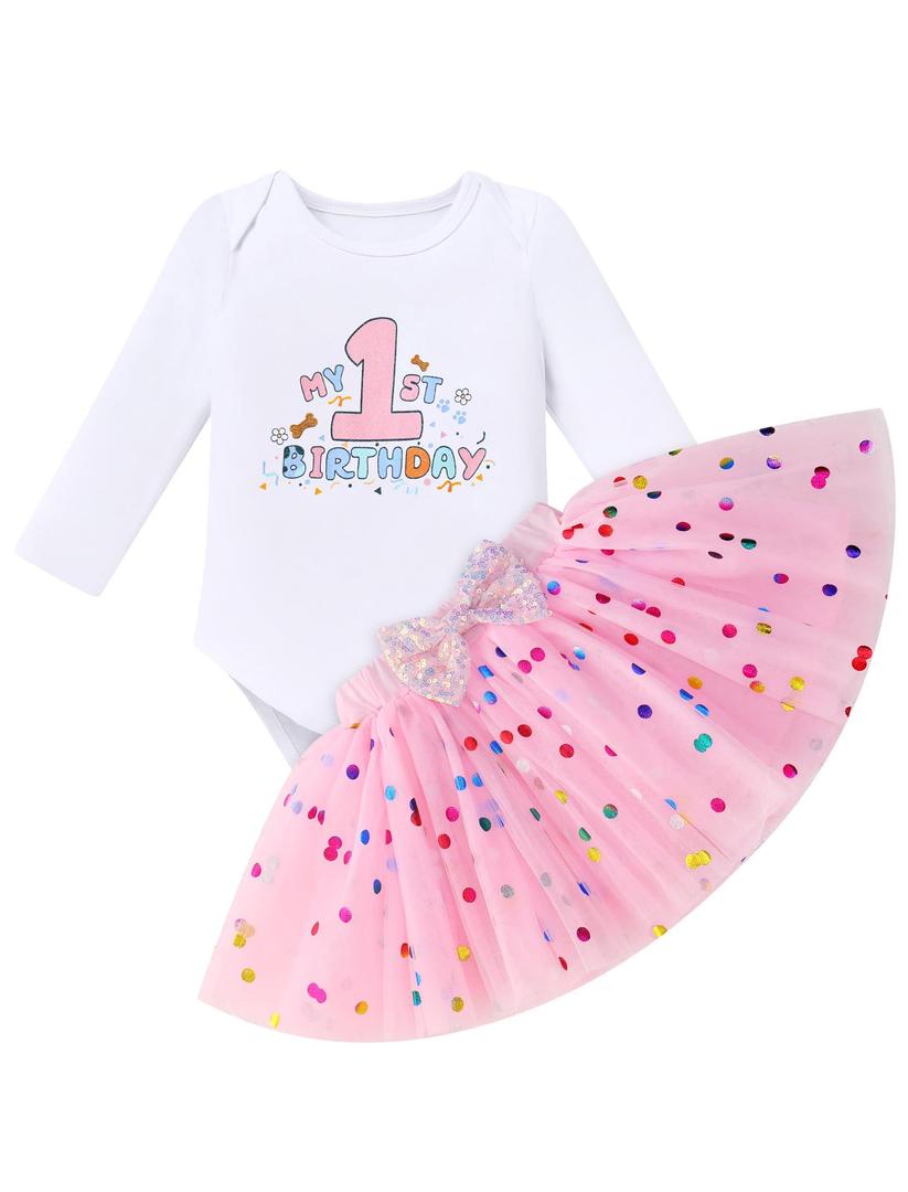 Toddler Girl Birthday Party Outfit Long Sleeve Tutu Dog Ears Hair Clips Set Photo Shoot Cake Smash Pink 1 1T