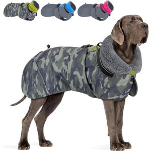 SlowTon Dog Winter Coat, Windproof 3 Layers Thick Warm Fleece Lining Dog Jacket for Cold Weather, Reflective Dogs Apparel with Leash Opening for Medium Large Dogs(Green Camo,3XL)
