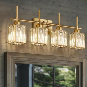Torondo Modern Crystal Bathroom Vanity Light 4-Lights Brushed Gold Bathroom Light Fixtures Over Mirror Brushed Gold Vanity Lighting Fixtures Square Shade Brass Wall Sconce (Bulbs Not Include)