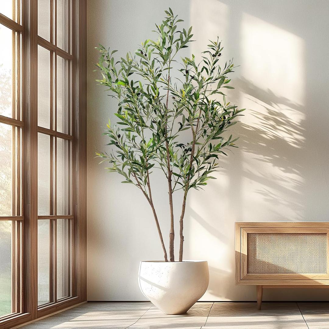 Erimda 6FT Artificial Olive Tree Tall Faux Silk Plant Tall Faux Olive Tree with Natural Wood Trunk & Lifelike Fruits Fake Potted Tree or Home Office Decor, Green