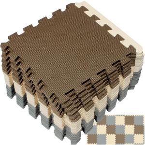 16Tiles Interlocking Puzzle Foam Baby Play Mat with Straight Edges for Playing - EVA Babies Crawling Mat | Rubber Floor Work Out Mats for Home Gym. White, Beige, Gray