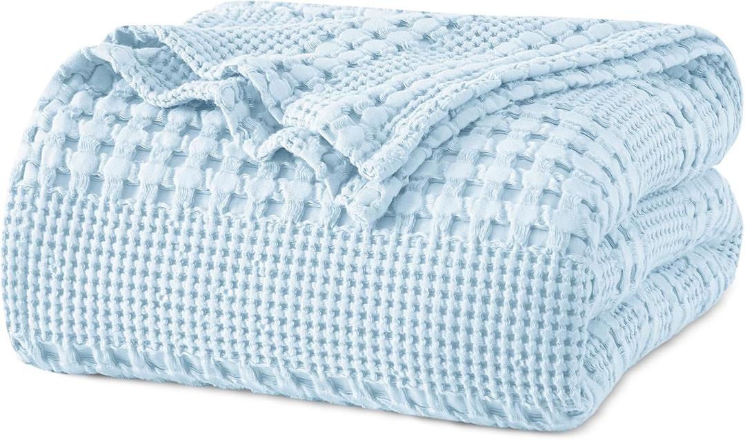 PHF 100% Cotton Waffle Weave Blanket Queen Size for Bed, Soft Lightweight & Breathable, All-Season Comfort, Luxury Aesthetic Woven Bedding for Home Decor, 90"x90", Baby Blue