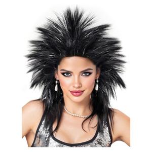 Spooktacular Creations Halloween Black Spiked Rock in Roll Wig with Earrings and Necklace,80s Diva Wig Women Rockstar for Adult Big Spiky Hair Black Rock Star Costume Cosplay Dress-up Party Accessory