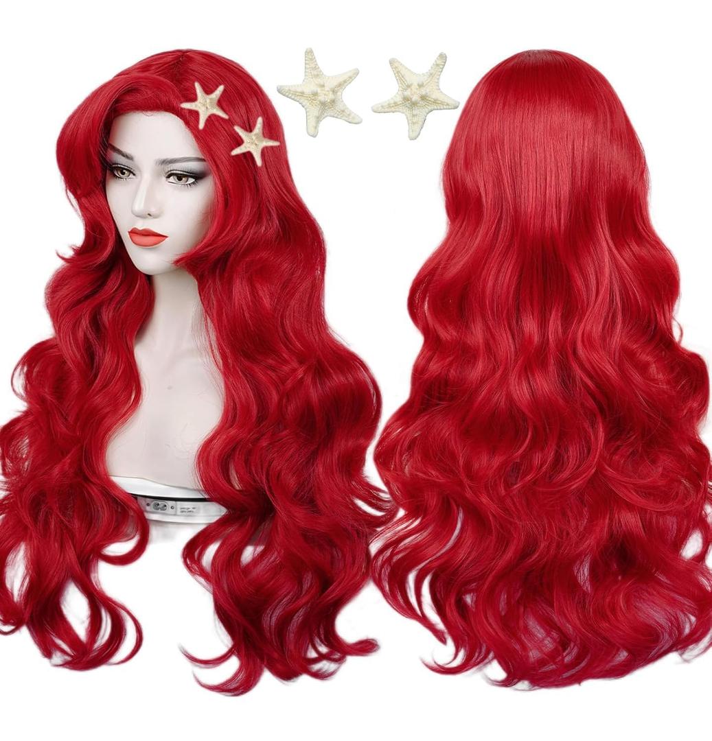 Red Curly Wig, Max Beauty Red Mermaid Cosplay Wigs for Woman with Starfish Hair Clips, Adult Long Hair Daily Wig Heat Resistant Synthetic Fiber for Halloween for Cosplay for Christmas (Red 1)