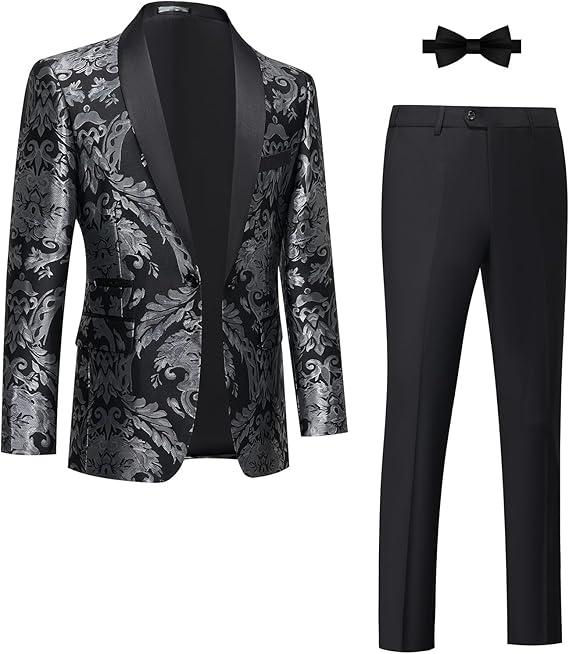 Tuxedo Suits for Men 2 Piece Regular Fit Suit Floral Blazer Jacket Waistcoat Pants Men Suit Set for Wedding Prom, Size XL