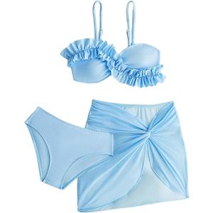 Girl's 3 Piece Bikini Set Cute Ruffle Trim Swimsuits Bathing Suits with Twist Knot Beach Skirts (Blue)