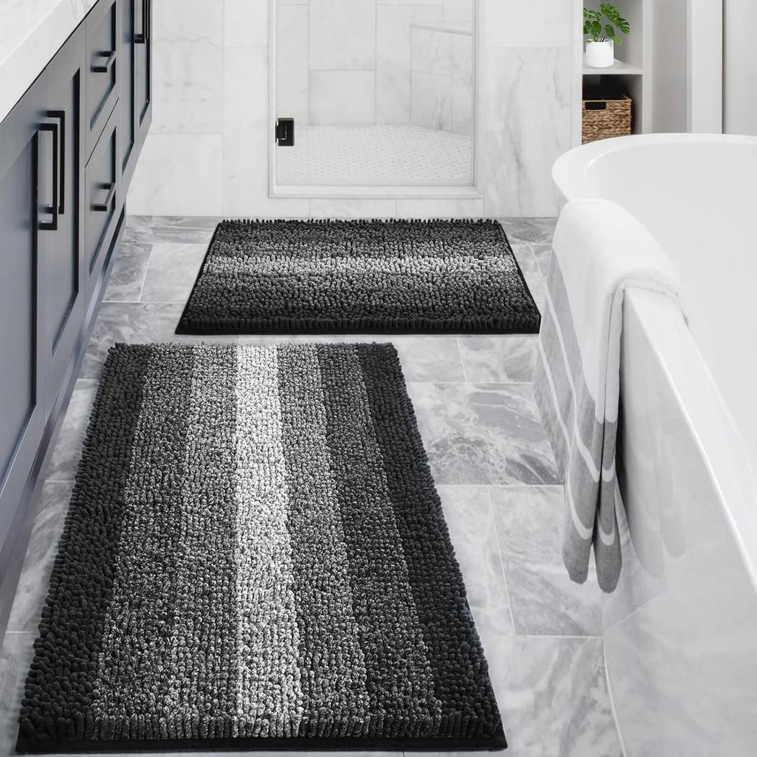 Gibelle Black Bathroom Rug Set 2 Piece, Chenille Non Slip Bath Mat Set, Absorbent Shower Rug and Bath Room Floor Mats, Quick Dry Bathmat Bathroom Decor Accessories for Tub, 16" x 24", 20" x 32"