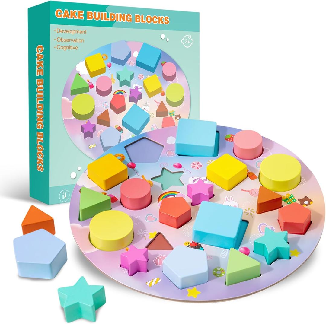 Sorting and Stacking Toy, Wooden Shape Sorter Puzzle for Kids and Toddlers Ages 3+, Montessori Color Matching Board with Geometric Blocks, Educational Toy for Shape and Color Recognition