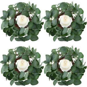Waydress 4 Pieces Candle Rings Artificial Eucalyptus Leaves Wreaths Small Boho Wreaths Rings Pillar Candle Holder for Wedding Home Door Tabletop Decoration