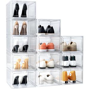 12 Pack Upgrade Harder Solid Plastic Shoe Organizer, Shoe Boxes Clear Stackable, Sneaker Storage for Closet, Shoe Display Case (White)