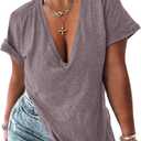 Tankaneo Womens Deep V Neck Short Sleeve T Shirts Side Slit Oversized Summer Loose Tunic Top (Large)