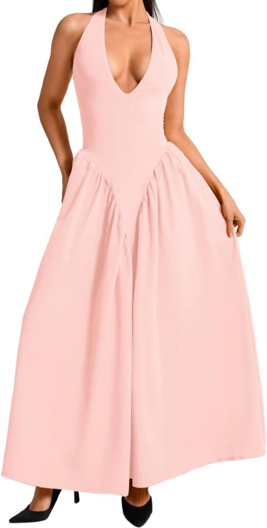 ChiaoLezhee Deep V Neck Dress, Halter Maxi Dresses, Vacation Date Night, Sexy for Women Corset Flowy Wedding Guest Drop Waist Medium
