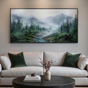 Framed Mountain Misty Forest Landscape Wall Art for Living Room, 60x30 Inch, 28.5"L x 57"W