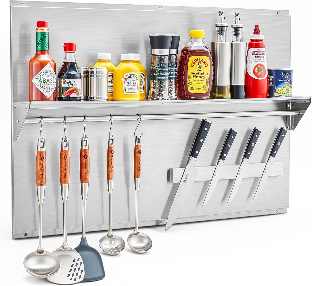 Wilprep Stainless Steel Stove Backsplash, 36"x24" Range Hood Backsplash with Storage Shelf Magnetic Knife Rack, Range Backsplash with Predrilled Holes, Stainless Steel Backsplash for Stove Range Hood
