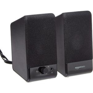 Amazon Basics USB-Powered Computer Speakers with Volume Control for Desktop or Laptop PC, Compact Size, Headphone Jack, Portable, Plug-N-Play, Black