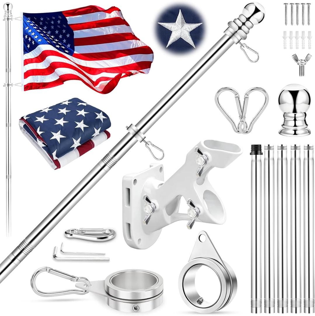 American Flag with Flag Pole Kit for Outside House, 6 Ft Metal Flagpole Kit & 3x5 American Flag Embroidered Star US Flag and Pole for House Porch Wall & 1" Flag Pole Bracket & 360° Flag Spinner Rings