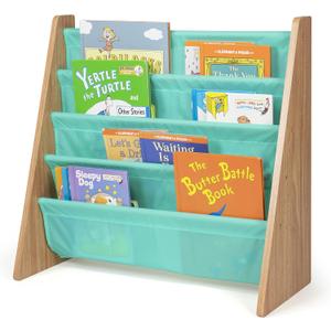 Humble Crew Kids Bookshelf, 4-Tier Front-Facing Book Display Organizer, Montessori Toddler Bookcase for Playroom, Bedroom & Reading Corner, Natural Wood/Seafoam Green