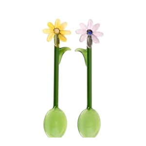 2 Pcs Flower Glass Spoons,5.9 inch Colorful Transparent Long Handled Coffee Stirring Spoons Cocktail Stirrer for Home Bar & Party Gathering