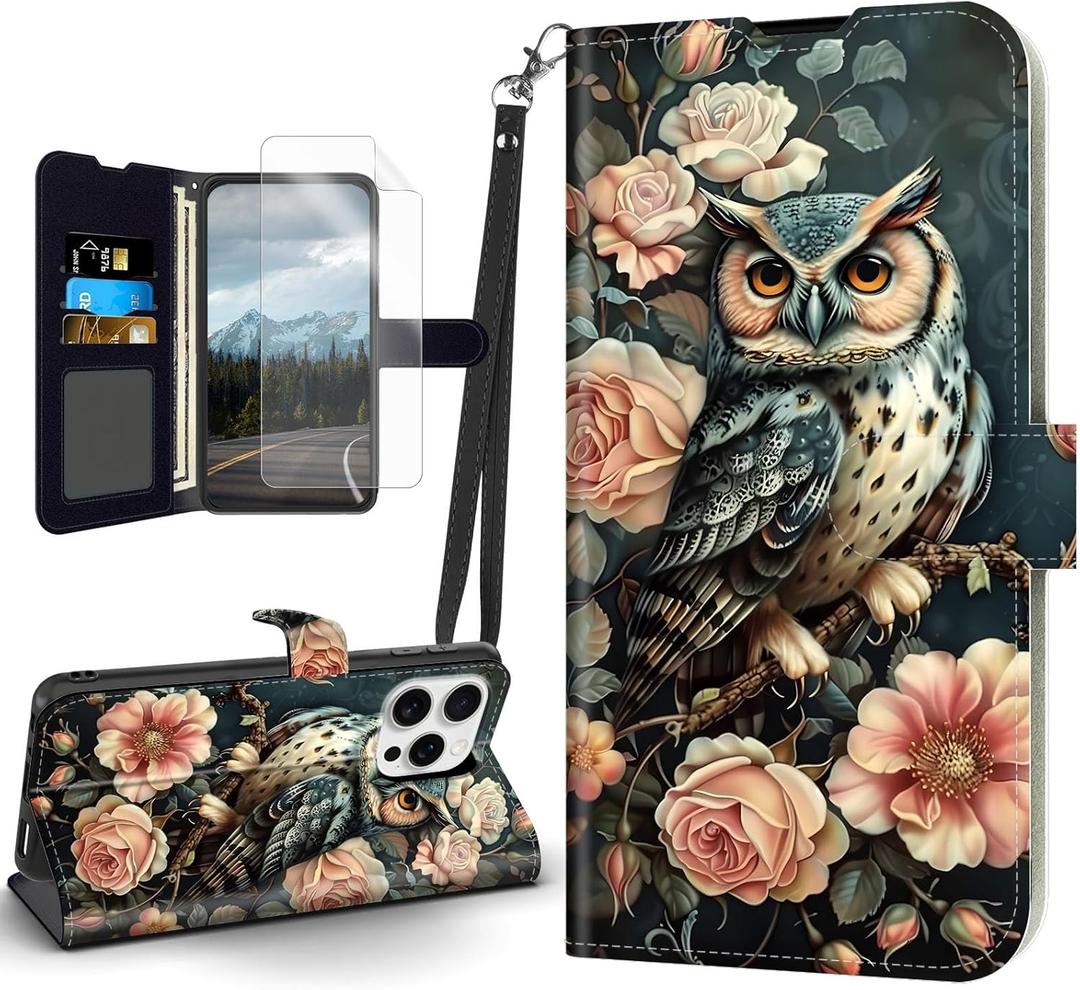 for iPhone 16 Pro Max Flip Cover PU Leather Case, for iPhone 16 Pro Max Owl Floral Magnetic Clasp Phone Wallet with Wristband Card Holder, Kickstand Shockproof Case and Screen Protector