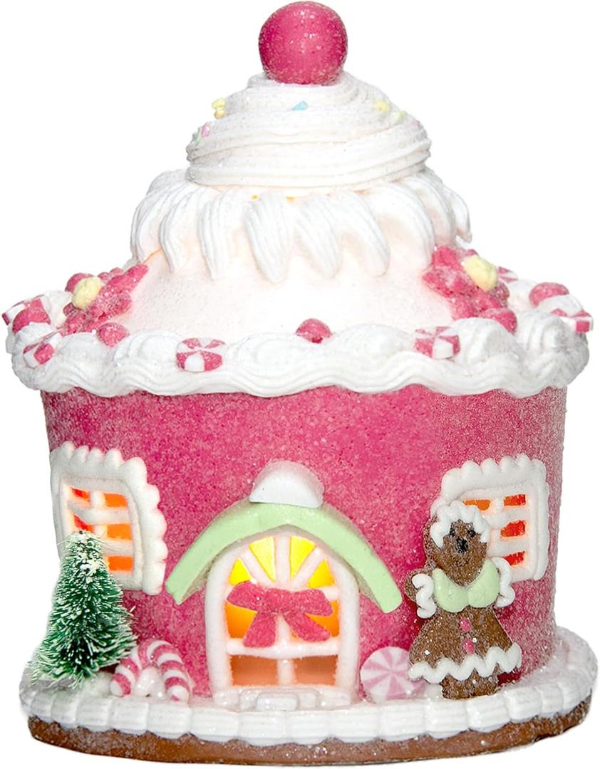 Pink Christmas Gingerbread House Decor, Light Up Gingerbread House Xmas Village Ornaments, LED Candy House Gingerbread Decorations Desktop Adornment for Christmas Decor