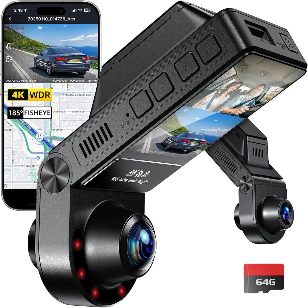 4K Dash Cam Front and Inside, 360 Camera for Car 2-Channel Dashcam 160+185 Ultra Wide Angle, 4K/2.5K WDR, IR Night Vision, WiFi & APP Control, GPS, G-Sensor, 64GB Card, GT820 Black