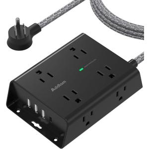 Surge Protector Power Strip, 8 Widely Outlets with 4 USB Ports(1 USB C Outlet), Addtam 3-Side Outlet Extender Strip with 5Ft Extension Cord, Flat Plug, Wall Mount for Dorm Home Office, Black