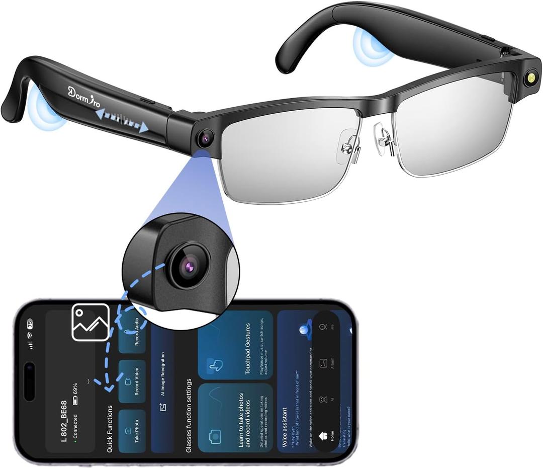  Camera Glasses, Smart Glasses with Hidden Camera and Bluetooth for Men/Women 8MP 4K HD Video Recording Anti-Shake 32G Support Chart GPT, WiFi,AI Voice Assistant, Translate, Music