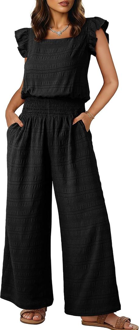 Dokotoo Womens Overalls Black Jumpsuits for Women Casual Loose Fit Solid Color Wide Leg One Piece Short Sleeve Jumpsuit Smocked Waisted Long Pant Rompers with Pockets Medium