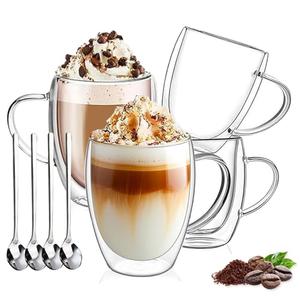 DINGPAl 3 Pack Double Wall Glass Coffee Mugs, 12 oz Walled Insulated Cappuccino Mug Heat Resistant Borosilicate Glass Coffee Cups with Handle and Spoon for Latte, Espresso, Americano, Hot/Cold Drink