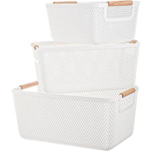 3 Pcs Plastic Metal Mesh Baskets with Wood Handle, Plastic Wire Baskets for Pantry, White Wire Countertop Basket, Cabinet Pantry Closet Bedroom Kitchen(3 Size)