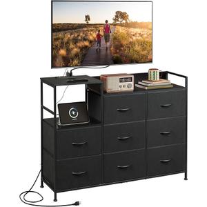 WLIVE Black TV Stand with Charging Station, Entertainment Center with 8 Fabric Drawer, TV Media Console Table Open Storage Shelves, Wood Top for Living Room, Hallway, Black 95x37x90cm
