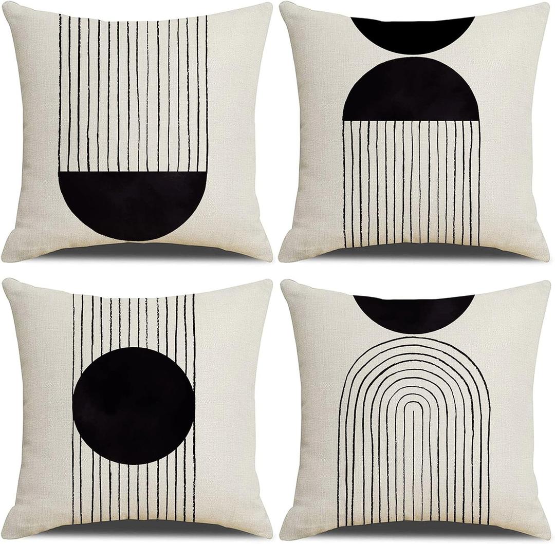 IcosaMro Black and White Throw Pillow Covers 18x18 Set of 4 Cotton Linen Boho Black and Beige Throw Pillow Cases Mid Century Modern Arch Sun Decor Decorative Bohemian Cushion Case with Zipper
