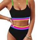 BMJL Women's High Waisted Bikini Ribbed Two Piece Swimsuit High Cut Color Block Adjustable Straps Bathing Suit(M,Rainbow Black Pink)
