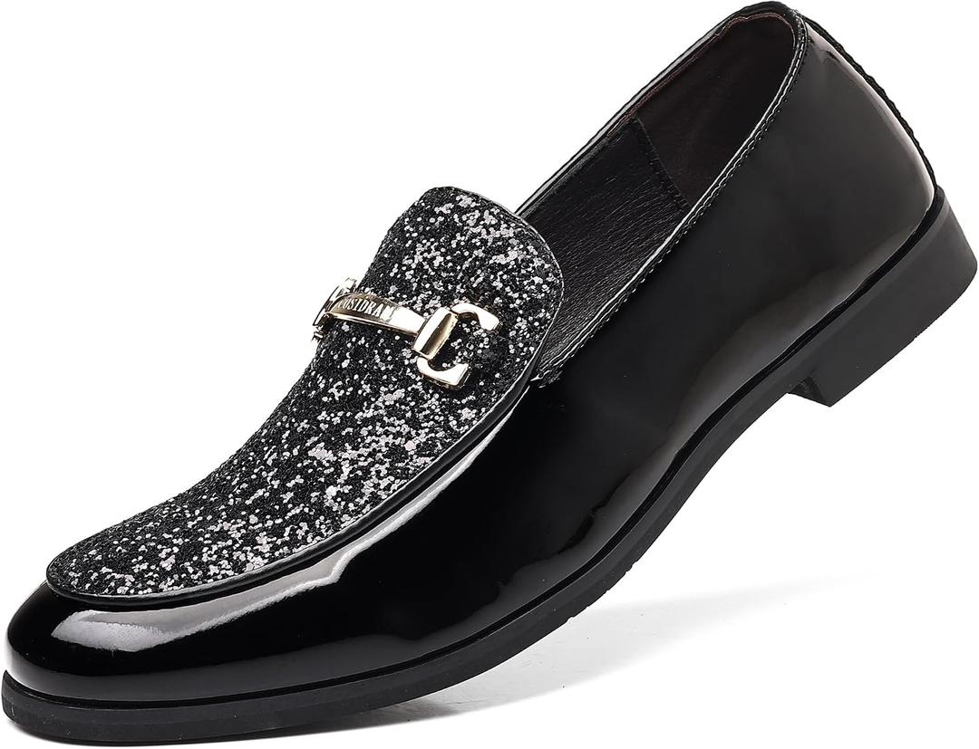 COSIDRAM Men's Glitter Dress Shoes Fashion Metallic Sequins Gold Buckle Luxury Patent Leather Loafers Wedding Party Prom, 41