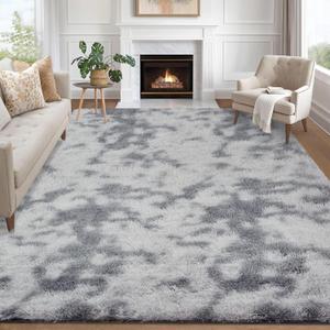 GarveeHome 6x9 Shag Area Rug, Ultra Soft Fluffy Rug for Living Room Bedroom, Machine Washable Indoor Carpet, Non-Slip Bedside Rug for Kids Boys Girls Nursery Dorm Home Decor, 6x9 Tie-Dyed Light Grey.