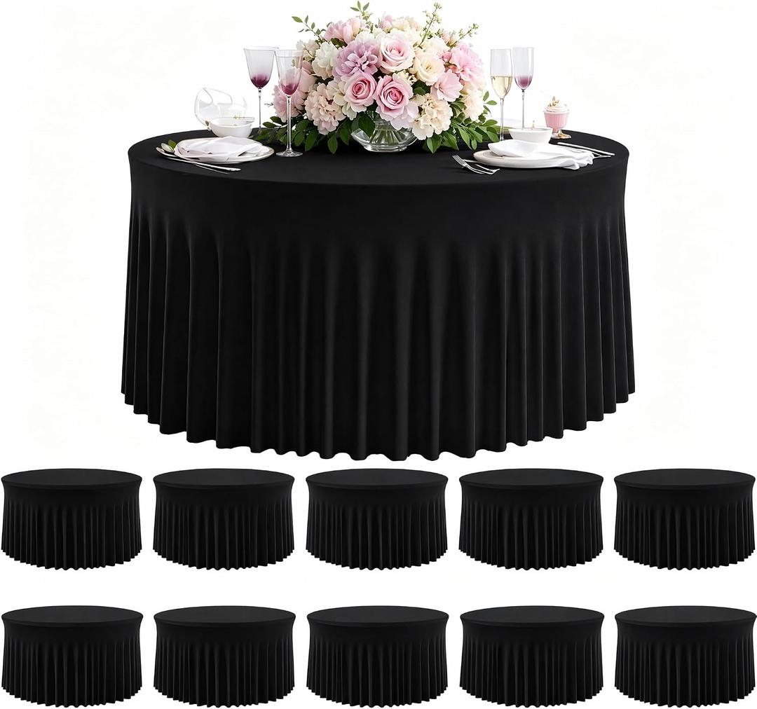 10 Pack Black 120 Inch Stretchy Fitted Spandex Tablecloths for 60 Inch Round Tables, Wrinkle Free Washable Polyester Table Covers with Skirt for Wedding Birthday Banquet Events, 120 Spandex Tablecloths -10pcs