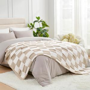 Snuggle Sac Checkered Throw Blanket Faux Fur Microfiber Blankets for Couch, Cozy Soft Warm Blanket for Sofa Bedroom Living Room, Beige Checker, 60x80 inches (Twin(60"x80"), Beige White)