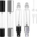 YOCASII 4PCS Dual-Head Travel Perfume Bottle with Spray & Roller Balls for Essential Oils, 10ml Glass Perfume Travel Refillable Bottles and Roll on Bottles for Facial Care with Funnel Tool (Black + Silver(B))