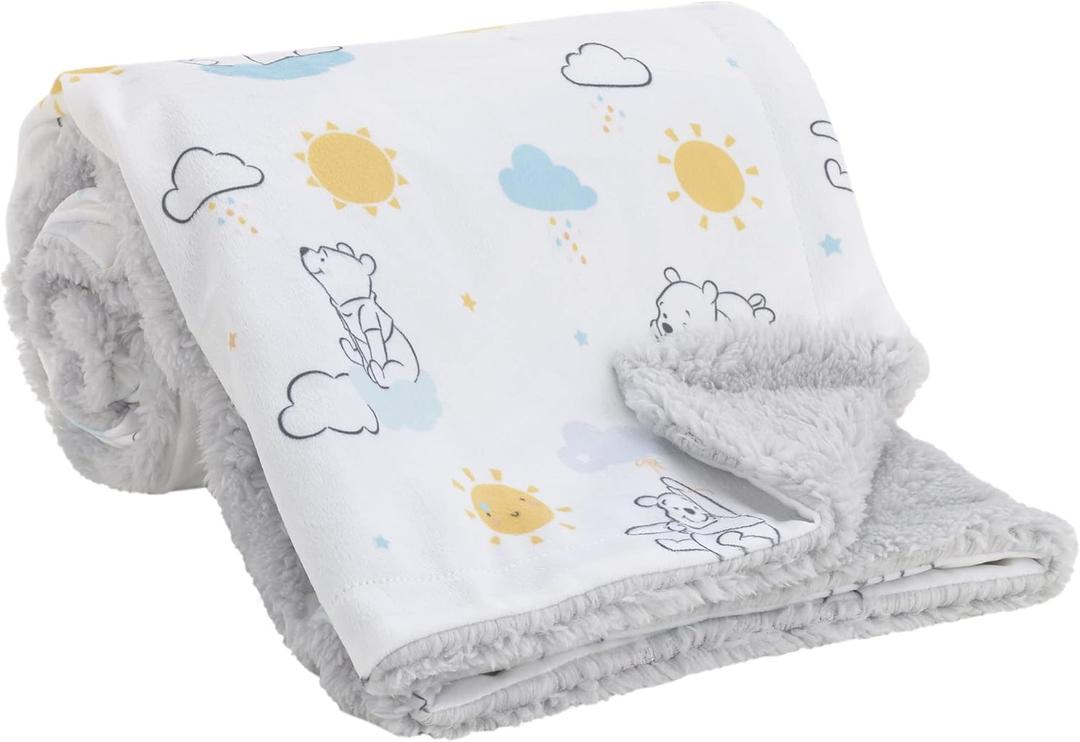 Disney Winnie The Pooh White, Yellow, and Aqua Sunshine and Clouds Super Soft Velboa with Sherpa Back Baby Blanket (30"x40")