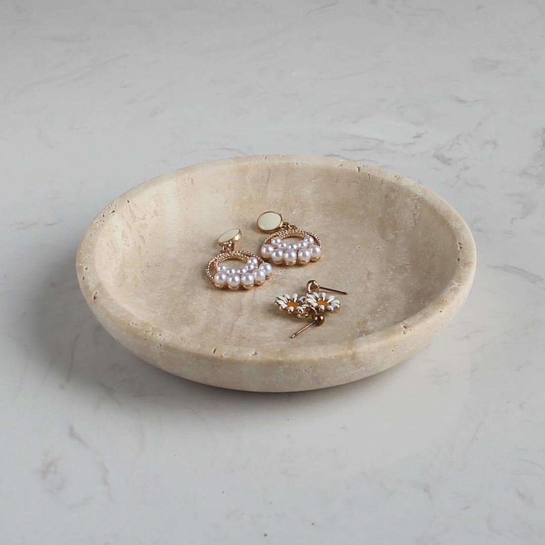 Natural Travertine Marble Jewelry Dish 5.5", Trinket Dish for Ring Earring, Gift for Woman Daugther(Beige Travertine)