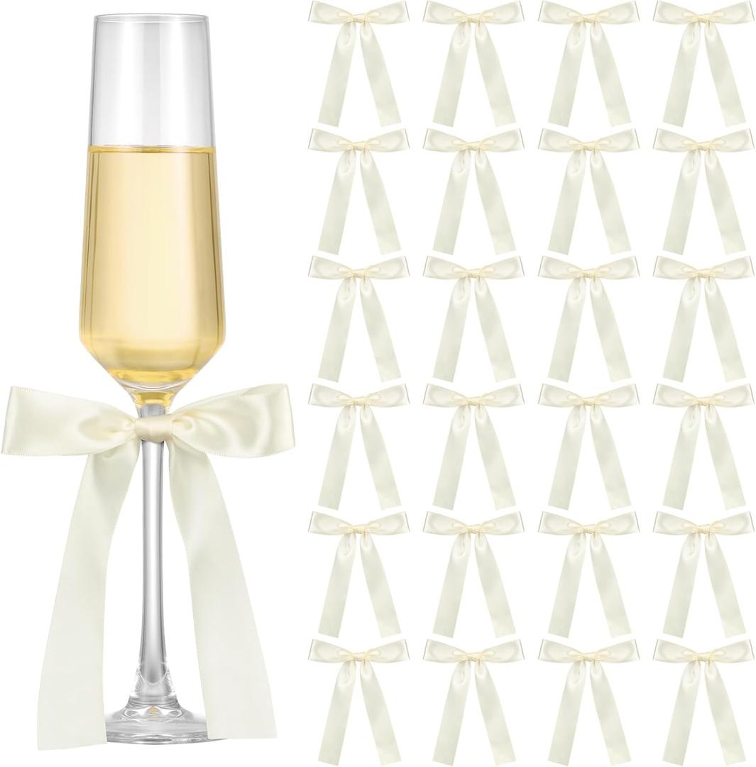24 Pack Bows for Wine Glass Candle Holder 6.7 x 4 Inch Bow Candlestick Champagne Glass Ribbon Self Adhesive Tag Name Marker for Wedding Anniversary Party Gift Decor(Ivory White)