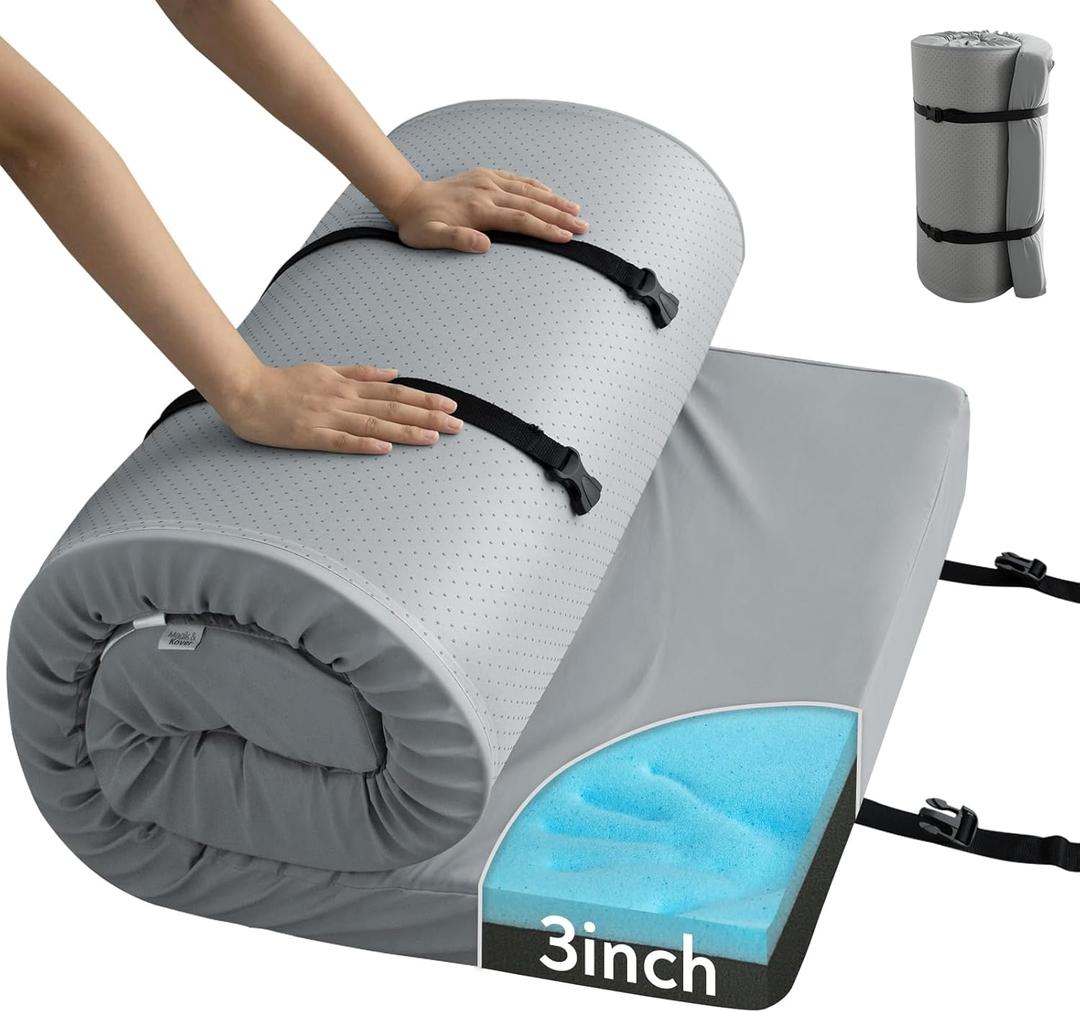 Memory Foam Camping Cot Mattress Pad, 3 Inch Thick Sleeping Pad with Waterproof Cover, Portable Roll up Cot Mattress Pad Mat for Travel Truck Bed Tent, Non-Slip Bottom, 72"24"3", Gray