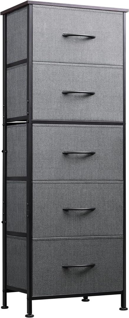 WLIVE Fabric Dresser, 5-Drawer Tall Dressers for Bedroom, Storage Dresser Organizer with Fabric Bins, Wood Top, Sturdy Steel Frame, Chest of Drawers for Closet, Hallway, Dark Grey