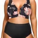 Tempt Me Women Plus Size High Waisted Bikini Sets Two Piece Swimsuits O Ring Cutout Tummy Control Bathing Suits (14 Plus, Black and Pink Flower)